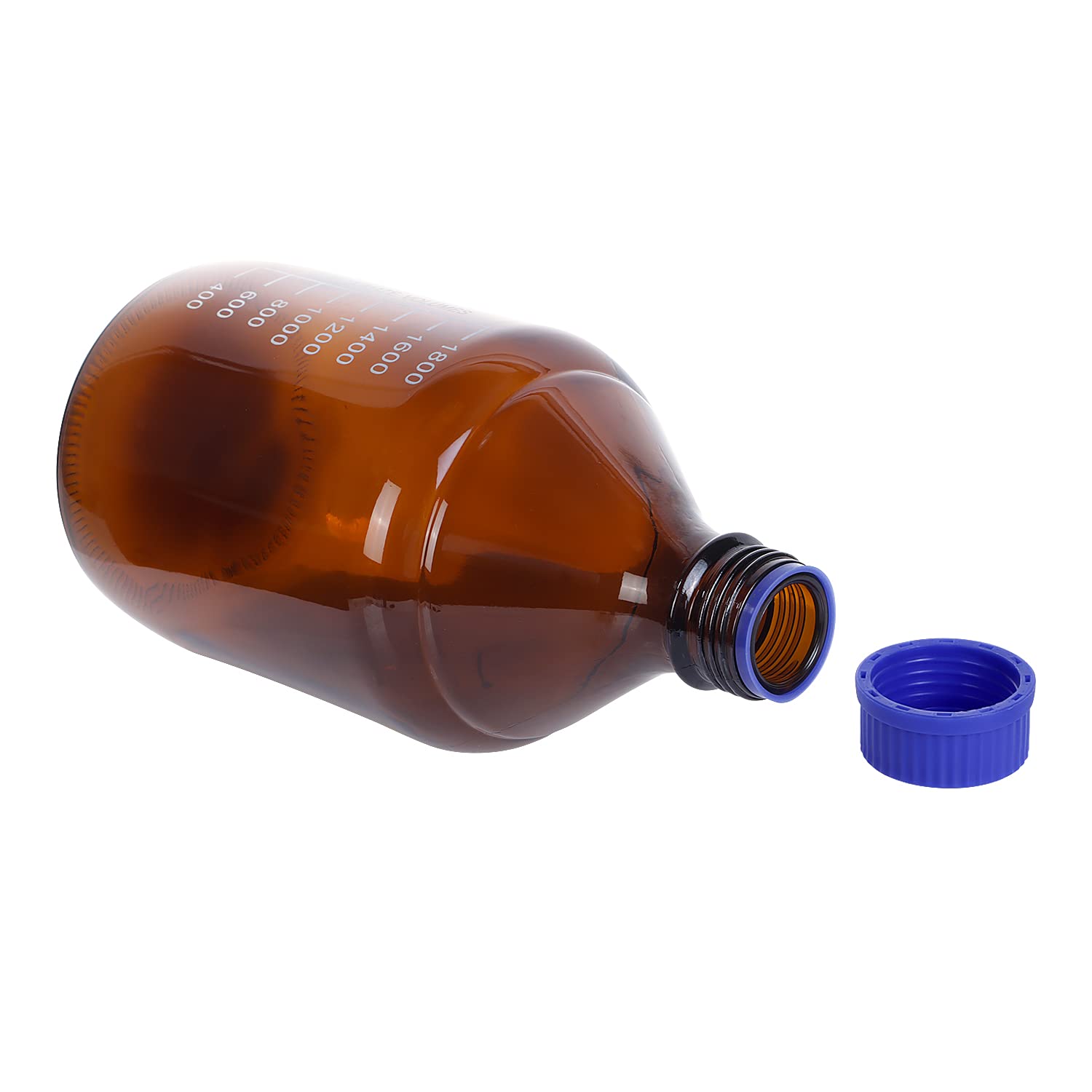 Una pieza 2 litros ámbar borosilicato vidrio graduado redondo 2000ml reactivo de laboratorio/botella de almacenamiento con GL45 azul tapón de rosca