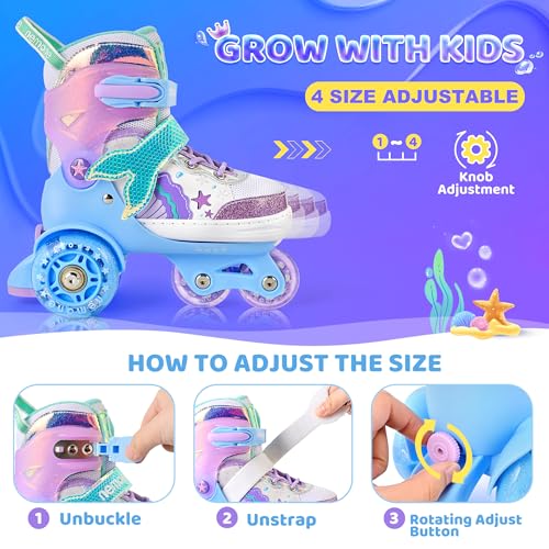 Image of NEMONE Mermaid 4 Size Adjustable Light up Roller Skates for Girls, Blue Purple Skates for Toddlers, Beginner Kids Roller Skates Indoor Outdoor (Blue XS)