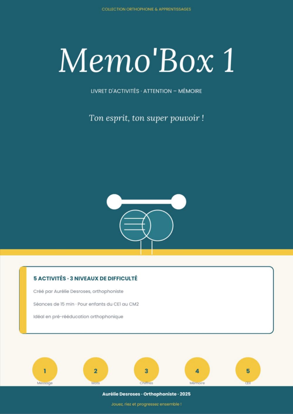 Memo'Box 1 — Livret d'activités Attention et Mémoire: 5 exercices progressifs pour entraîner la concentration et la mémoire des enfants du CE1 au CM2