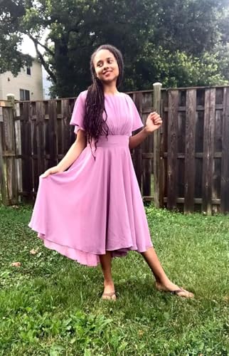 Image of YOFF Dusty Blue Scoop Neck Short Bridesmaid Dresses for Women Flutter Sleevs Midi Coaktail Gown Chiffon Casual Formal Party Dresses A-line US6
