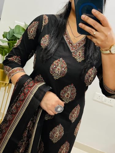 Image of Rangnavi Women's Cotton Trending Straight Kurta with Pants and Dupatta Set | Ethnic Set (BLACK)