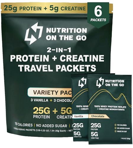 Nutrition On The Go Whey Protein Isolate Packets with Creatine – 25g Protein + 5g Creatine – Single-Serve Travel Protein Powder - Variety Pack (Vanilla & Chocolate) (6-Pack)