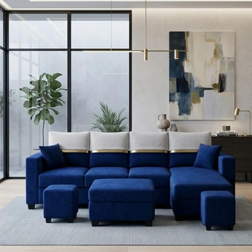 Image of Furny Arvea 8 Seater Fabric RHS L Shape Sofa Set with 1 Centre Table & 2 Puffy (Blue) | Soft Velvet Fabric | Modern Design | Comfortable Seating | Living Room Furniture