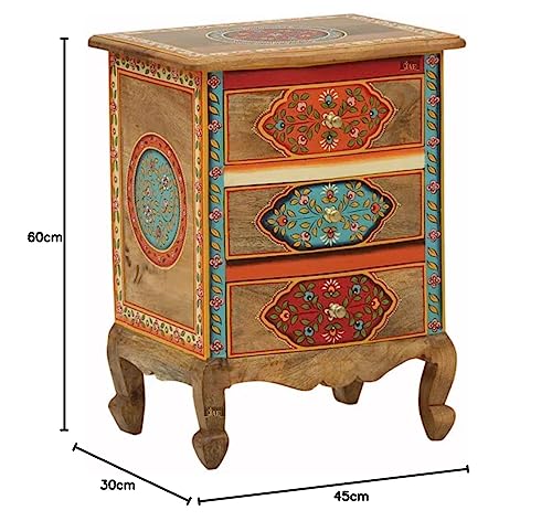Image of JAE Furniture Wooden Side Table - 3 Drawer Entryway | Wooden Handpainted Bedside Table Bedroom | Traditional Chest of Drawer Table | Rajasthani Art Side Table for Living Room | Side Corner Table