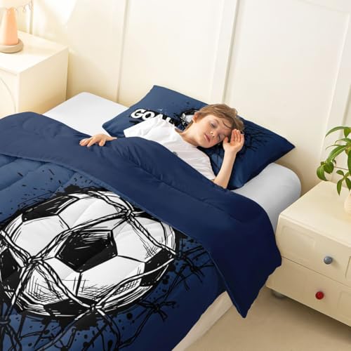 Image of Feelyou Soccer Kids Comforter Set Twin Size Soccer Ball Game Bedding Set Blue Gaming Sports Duvet Quilt for Kids Boys Girls Bedroom Gift for Football Lover Decor Microfiber Ultra Soft Breathable