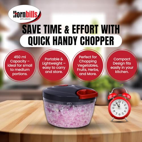Image of Hornbills Vegetable Manual Chopper with 3 Blades 500ml Kitchen Multi Blade Food Chopper for Vegetables Onion Garlic Hand Chopper Stainless Steel Blade Compact Vegetable Portable Mini Chopper | Red