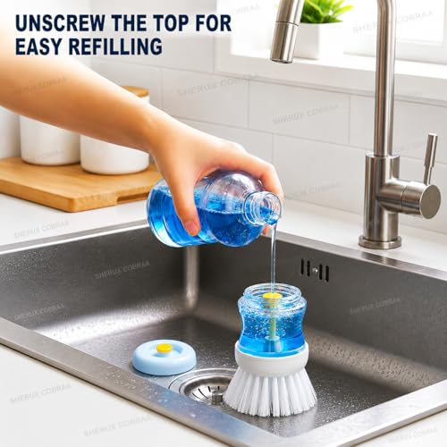 Image of Sink Cleaning Brush with Built-in Liquid Soap Dispenser | Kitchen Sink Brush for Dish Washing, Basin, Washbasin & Bathroom Tiles Cleaning | Multi-Purpose Scrub Brush for Kitchen & Home