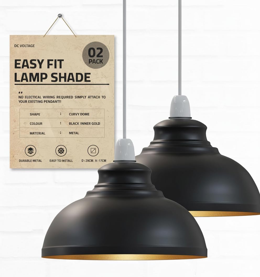 DC Voltage Industrial Ceiling Pendant Light Shades Retro Style Curvy Dome Shaped lamp Shades Metal Easy fit Ceiling Pendant Light Shades for Light fixtures (Black Iner Gold)