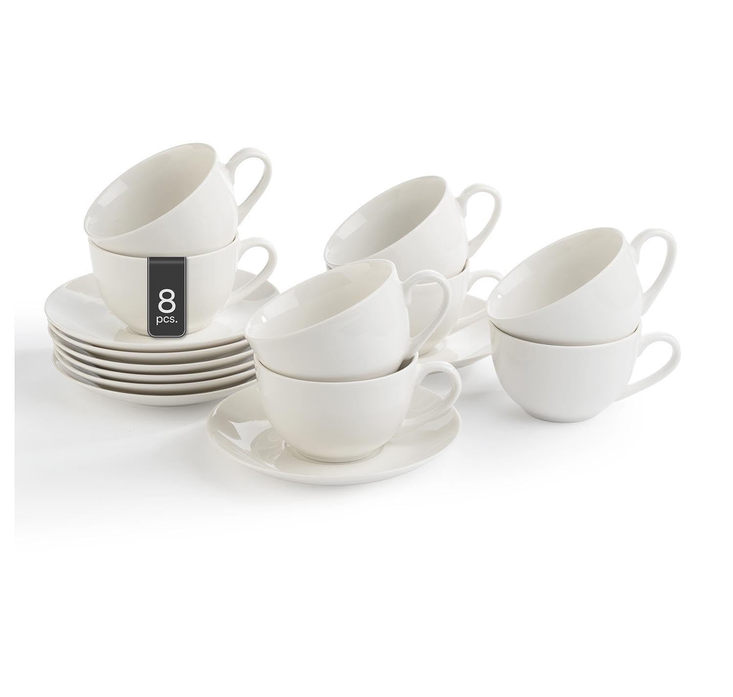 Cappuccinotassen mit Untertasse - 220 ml - Weiß - Bone China - 8er Set
