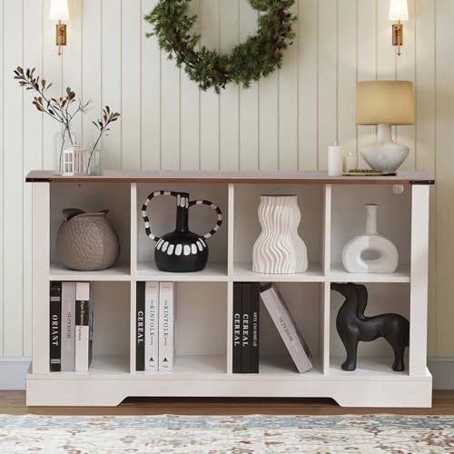 8 Cube Storage Organizer, 2 Tier White Bookshelf for Living Room, Farmhouse Bookcase with Led, Kids Toy Storage Cabinet, Wall Cubby Shelves for Home Decor, Wood Display Cabinet for Bedroom, White