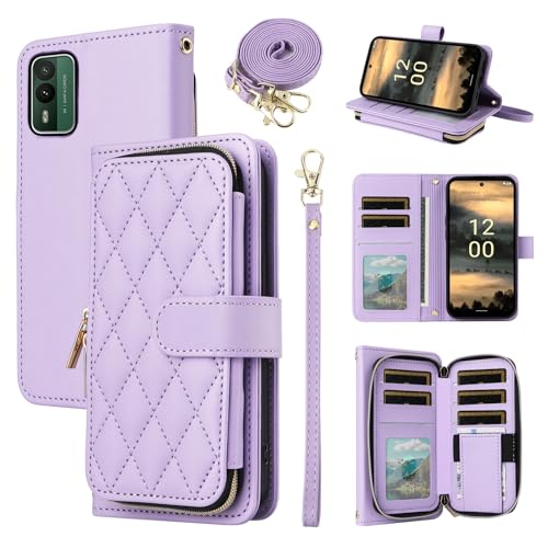 ELISORLI Wallet Case for Nokia XR21 5G with Detachable Wrist Strap Crossbody Shoulder Strap 9 Card Slots Zipper Purse Luxury PU Leather Stand Cell Accessories Phone Cover for NokiaXR 21 Girls Purple