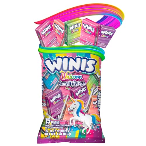 Winis Unicorn | Chewy Taffy Pops | Cotton Candy Flavored | Sharing Size 4.3 Oz Bag - 15 Pieces | Gifts, Holiday, Parties, Concessions, Pantry, Non-Melting, Party