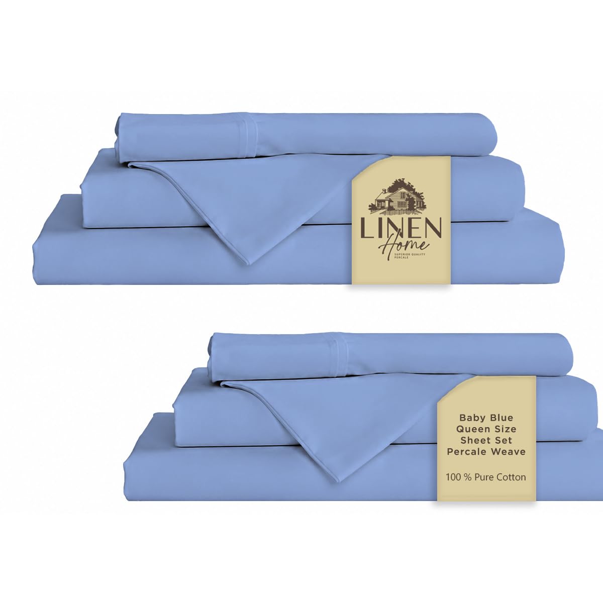 Linen Home 2-Pack Queen Sheet Set, 100% Cotton Percale Bedding, 8-Piece Value Bundle, Deep Pocket Cooling Bed Sheets for Hot Sleepers, Breathable &amp; Crisp Hotel Quality, Long-Staple Cotton, Baby Blue