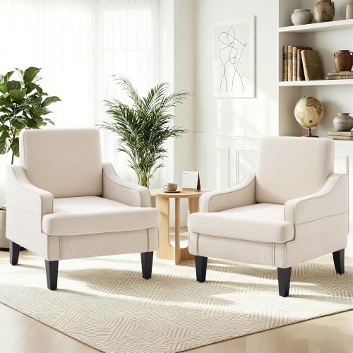 Image of Mid-Century Accent Chairs Set of 2 for Living Room, Comfy Arm Chair Fabric Reading Chair for Bedroom, Upholstered Single Chair with Wood Legs for Apartment, Waiting Room, Vanity Room(Beige)