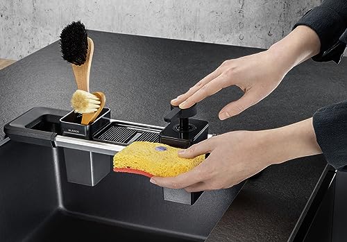 BLANCO Worktop Organizer Main Set | Ausziehbare Schiene 396-440mm für Spülen | Küchenutensilien perfekt organisiert | Seifenspender für Spülmittel, Reinigungscontainer & Abtropfschale