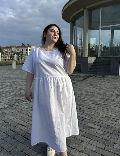 Image of IN'VOLAND Plus Size Loose Cotton Linen Dresses Summer Casual Midi Dresses with Pockets 16W White