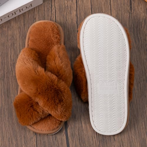 Image of Enteer Women's Slipper Memory Foam Cross Band Fuzzy Slippers Open Toe Cozy House Slippers Cozy Plush Bedroom Indoor Outdoor