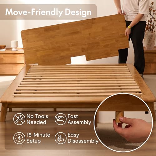 Image of FLEXISPOT Hako G1 Solid Wood Platform Bed Frame Queen,Rubberwood,Tool-Free Assembly,Low Profile Floating,Storage Shelf&Charging Station,Modern Scandinavian Japanese Minimalist,Heavy Duty,Natural Oak