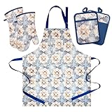 Oven Mitts and Pot Holders with Cooking Apron Set of 5, Heat Resistant Kitchen Gloves and Silicone Non-Slip Potholders, Adjustable Neck Buckle Chef Apron, Cotton Nice Design for Cooking (Blue Retro)