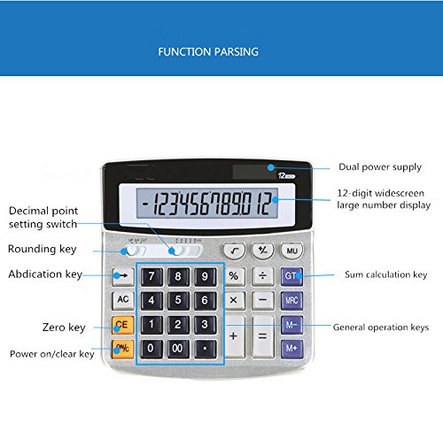 Lianshi Elektronischer Tischrechner mit 12 Ziffern Großer Display Akku oder Solarstromversorgung Bürorechner