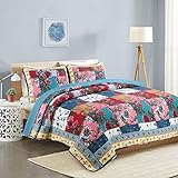  Couvre-lit Boutis Matelassé Couette Manuel à Fleurs 100% Coton Ensemble De Literie 3 Pièces Couverture De Lit Double Réversible Climatisation Couvertures (240x260cm) Taie D\'oreiller（50 * 70CM * 2）