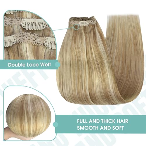 Image of YoungSee Blonde Clip in Hair Extensions Honey Blonde Highlights Human Hair Clip in Extensions Strawberry Blond Clips in Human Hair Extensions for Woman 12inch 85g