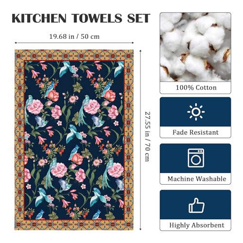 Arquiel Retro Bird Flowers 100% Cotton Kitchen Towel Set, 48 x 70CM, Multi-Purpose Quick Dry Dish Towels (Set of 4) - Image 4
