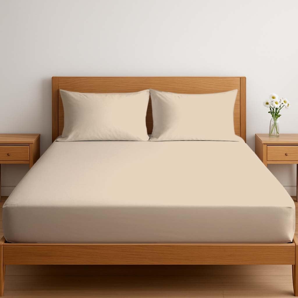 Dreema Novexa 3 Piece Egyptian Cotton Super King Fitted Sheets 400 Thread Count 3PCS Deep Fitted Sheet Set with 2 Pillowcase Hotel Quality Bed Sheet Luxury Ultra Soft Bottom Beige Fitted Bedsheets