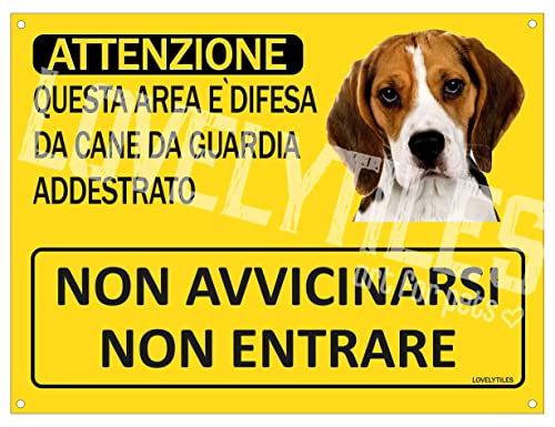 LOVELYTILES Beagle Cartello Targa ATTENZIONE Questa Area è Difesa da Cane da Guardia ADDESTRATO Non AVVICINARSI Non Entrare PVC Gialla