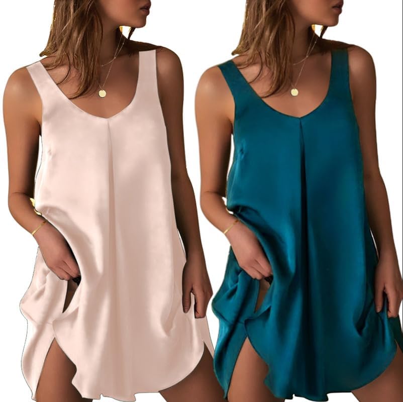 Ekouaer Womens 2 Pack Satin Nightgown Sleeveless Sleep Dress Silk Sleepwear