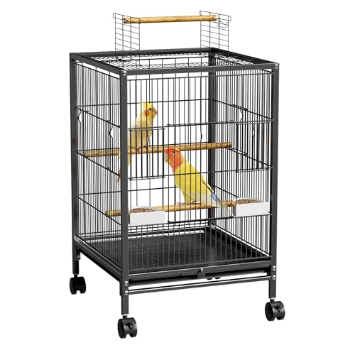 Froadp Cage à oiseaux avec roulettes - Grande cage en métal avec perchoirs en bois et mangeoires - Cage pour perroquets, pigeons, perruches, pinsons, pinsons...