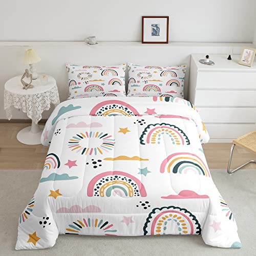 Feelyou Rainbow Bedding Set Cartoon Sun Stars Rainbow Quilt for Kids Girls Boys Nursery HDrawn Iridescent Print Comforter Set Colorful Decor with 1 Pillowcase 2Pcs Bedding Twin Boys