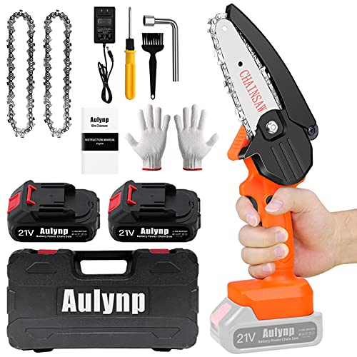 Mini Chainsaw Cordless, Aulynp 4-Inch 20V Battery Powered Cordless Chainsaw with Security Lock, Portable One-Handed Chainsaw for Tree Trimming Branch Wood Cutting (2 Batteries, 2 Chains Included)