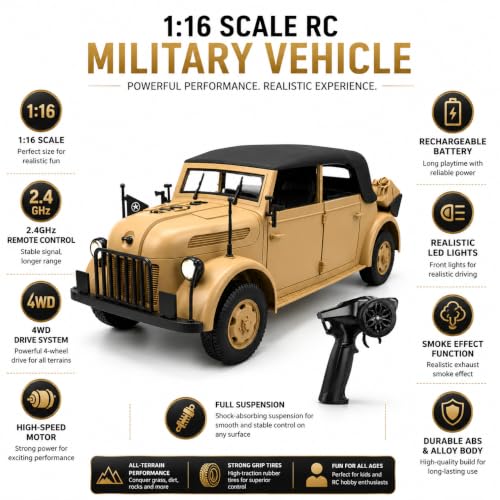 Image of 1:12 RC Vintage Military Car, 2.4GHz Remote Control Off-Road Vehicle with LED Lights, Smoke Effect, Opening Hood, Realistic Suspension, USB Rechargeable RC Car for Kids & Collectors
