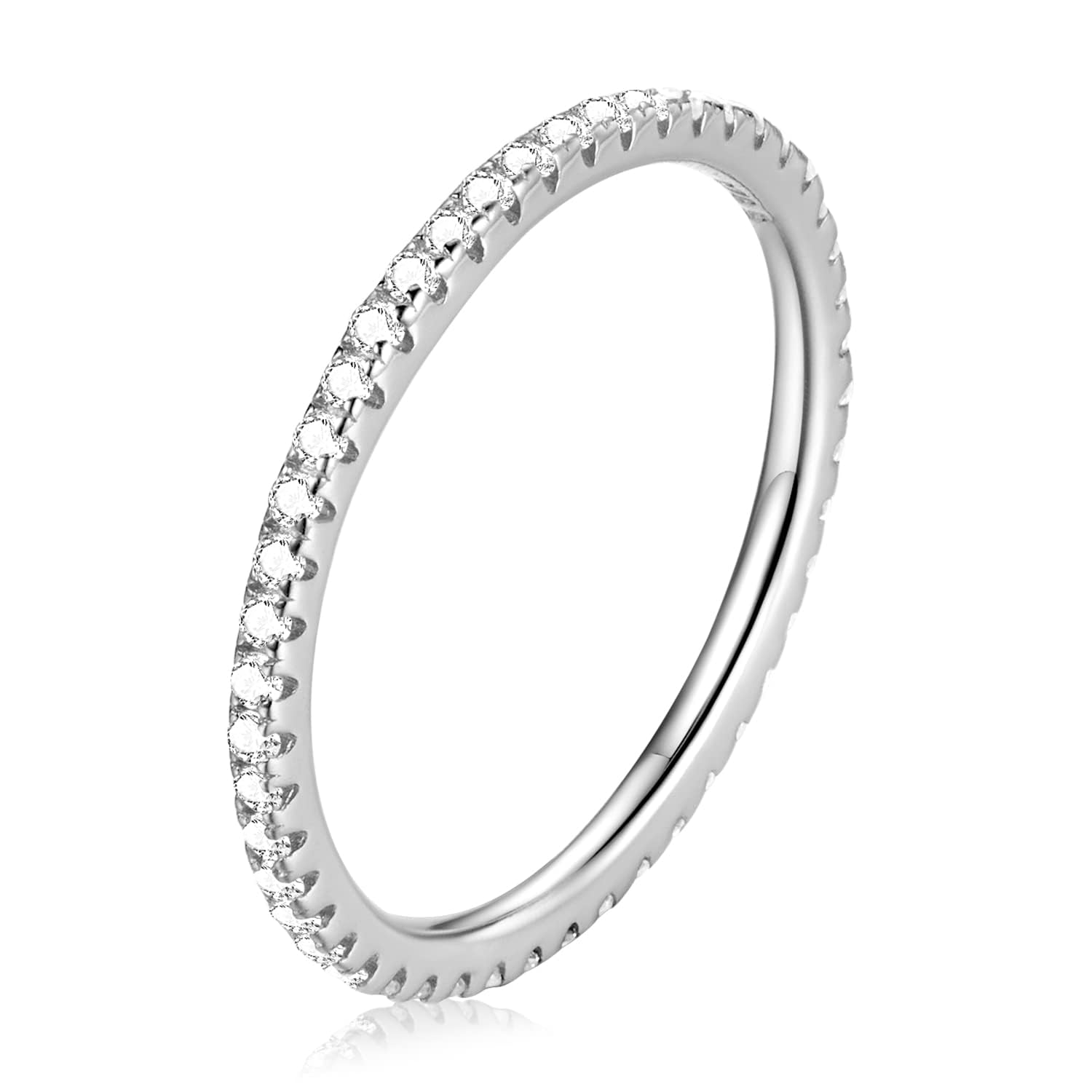 WOSTU 2MM Thin Band Eternity Rings 925 Sterling Silver Black Cubic Zirconia Egagement Rings Wedding Anniversary Stackable Rings Christmas Gifts for