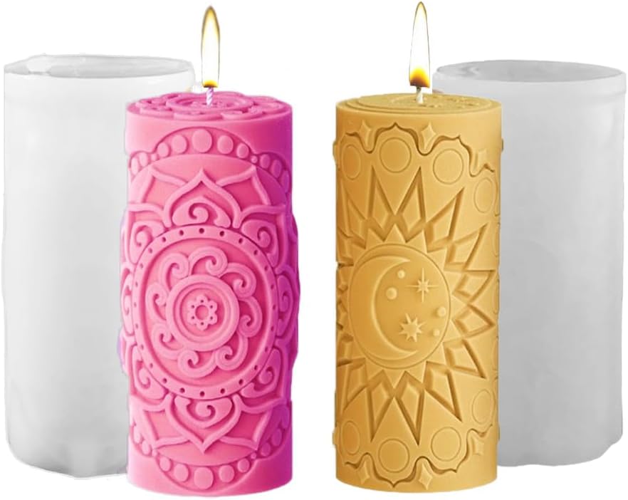 Tone Fun 2Pcs 3D Cylindrical Moon Star Mandala Flower Silicone Molds for Making Candle, Resin, Aromatherapy Candles, Handmade Wax Soap, Home Decor, Craft
