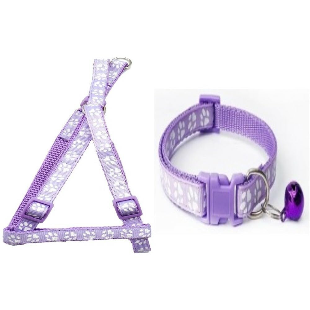 Small Dog Puppy Pet Collar and Harness Set Pawprint Design Nylon Adjustable Neck Size 19-32cm and Chest Size 21-34cm Light Purple - Image 2