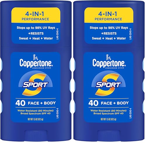 Image of Coppertone Sport Sunscreen Stick SPF 40, Stick Sunscreen for Face and Body, Water Resistant, Travel Size, 1.5 Ounce (Pack of 2)