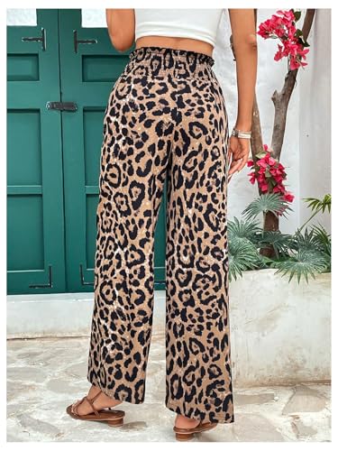 WDIRARA Women's Leopard Print Smocked Elastic Waist Wide Leg Pants Palazzo Pants2