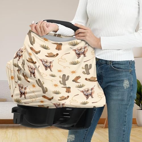 Image of Baby Car Seat Cover for Travel, Western Highland Cow Breastfeeding Cover Stretchy Scarf Infant Carseat Canopy for Stroller,High Chair,Shopping Cart, Baby, Boys and Girls Gifts