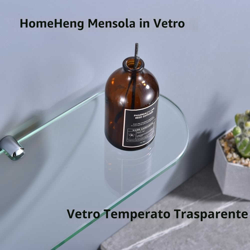 Mensola da Bagno in Vetro Temperato 8mm, 50x12cm Bordo Ovale Curvo, Staffe in Ottone Cromato