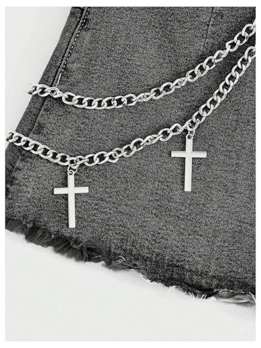 WDIRARA Women's Goth Letter Spiderweb Cross Print Denim Mini Skirt Grunge Punk Chain High Waisted Jean Skirts3