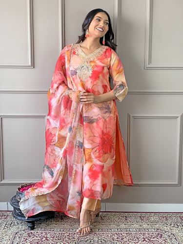 Image of Naixa Women's Taby Organza Embroidery Printed Straight Kurta with Pant and Dupatta Sets (R-Aarya)