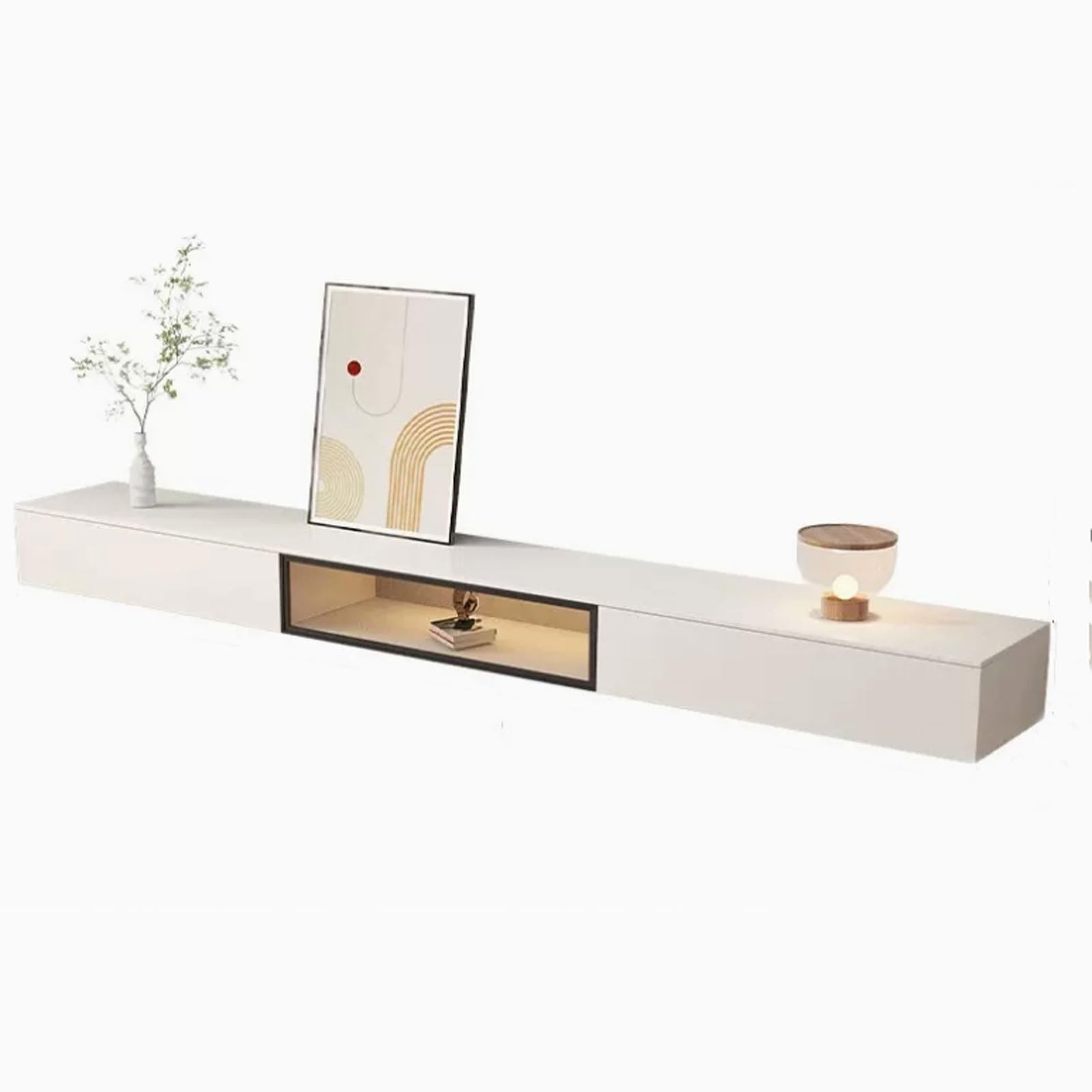Modulo TV Soporte flotante simple y moderno for TV montado en la pared con puerta abatible de vidrio y cajones, centro de entretenimiento moderno de alto brillo de 78,7 ''/86,6 '' for debajo del telev