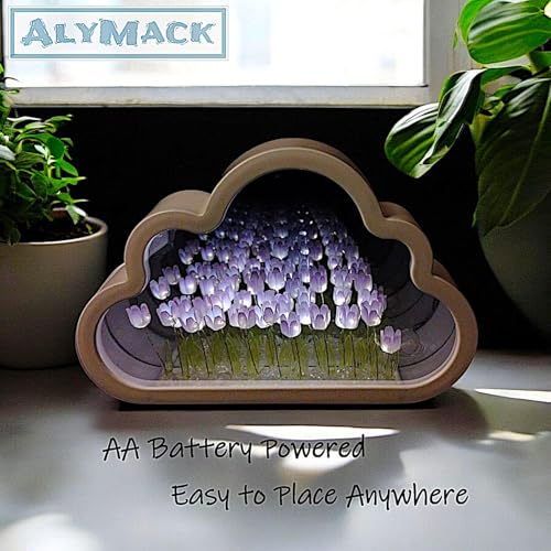 Image of Olyra Tulip Light Mirror Cloud Shape with LED Tulip Flowers, Aesthetic Cloud Vanity Mirror Lamp for Bedroom & Dressing Table, Cute Korean Style Room Decor Mirror Light for Girls Desk, Makeup & Gift
