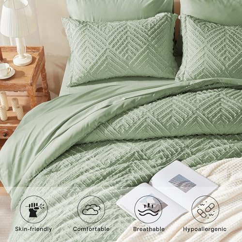 Image of Zzlpp Full Comforter Set 7 Pieces, Sage Green Tufted Bed in a Bag with Comforter and Sheets, All Season Boho Bedding Sets with 1 Comforter, 2 Pillow Shams, 2 Pillowcases, 1 Flat Sheet, 1 Fitted Sheet