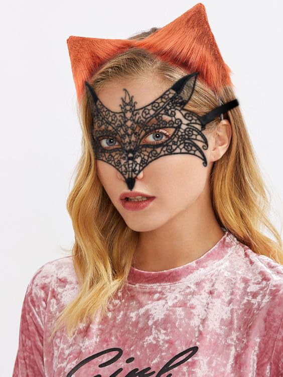 DRESHOW Faux Fur Wolf Tail Cat Ears Headband Lace Masquerade Mask Set Wolf Fox Cosplay Costume Animal Dress Up Fancy Dress Accessories Halloween Role Play Party Costume - Image 4