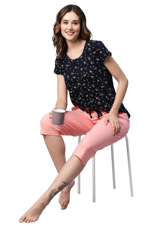 Image of AV2 Women Cotton Printed 3 Piece Nightsuit Capris Set 2315