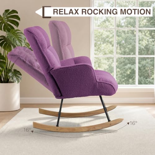 Image of SAETSFEG Rocking Chair Nursery Teddy Upholstered Glider Rocker Rocking Accent Chair Padded Seat with High Backrest Armchair Comfy Side Chair for Living Room Bedroom Office, Grape Purple