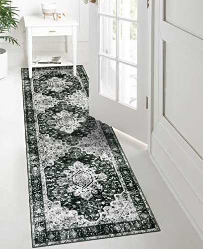 Moynesa Ultra-Thin Washable Vintage Runner Rug - 2'6"x8 Hallway Runner Non-Slip Non-Shedding Stain Resistant Kitchen Mat Boho Oriental Medallion Laundry Carpet for Entrance Bedside, Black/White